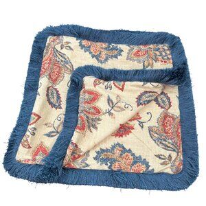Decorative Square Pillow Cover Floral Blue Fringe Border 17"x17" Set of 2